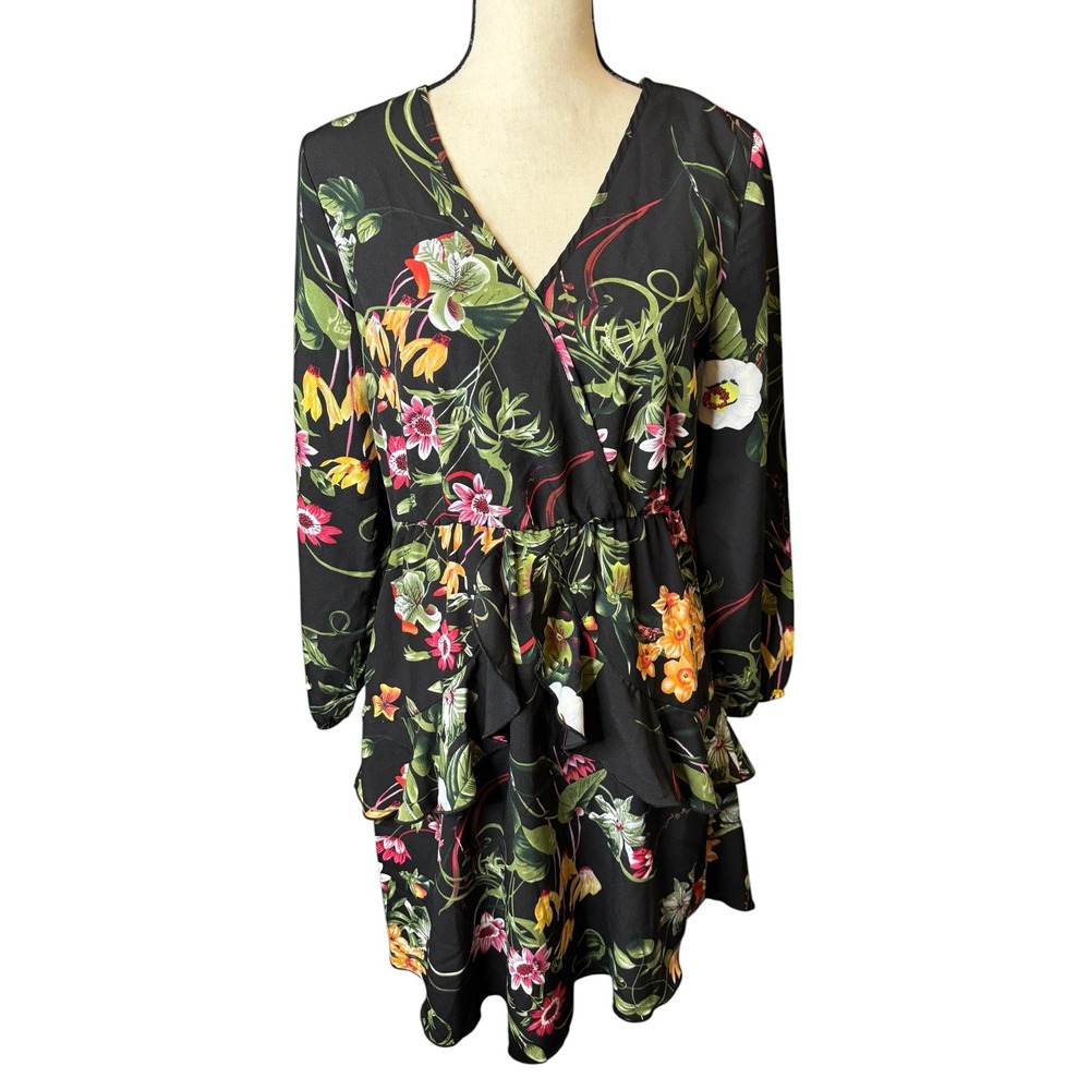 Uguest Black Floral Wrap V-Neck Tiered Ruffle Mini Dress Long Sleeve Womens M
